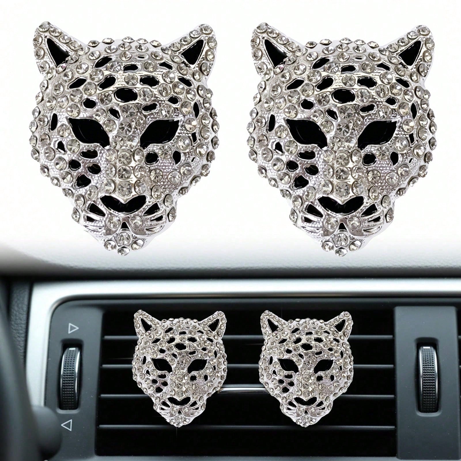 Shiny Leopard Print Air Vent Clip, Rhinestone Car Air Vent Clip, Leopard Print Car Accessories, Women's Diamond Shiny Accessories (Silver And Gold), Metal Leopard Print Car Air Vent Clip, Car Air Vent