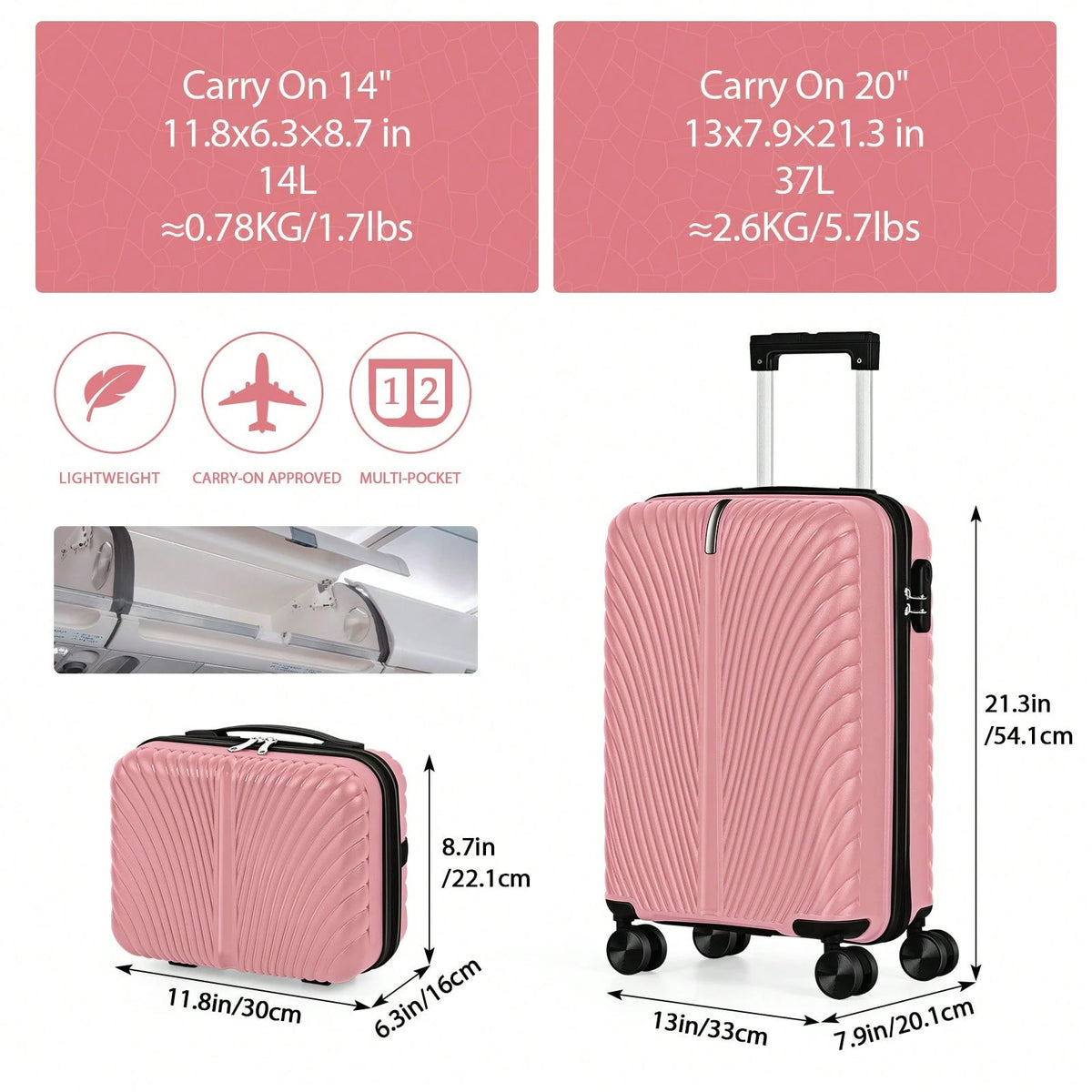 Shiny Rose Gold Luggage Set 2 Piece PP Material 14" 20" Inch Seashell Texture Hardcase Suitcase Fashion Aesthetic Travel Bag