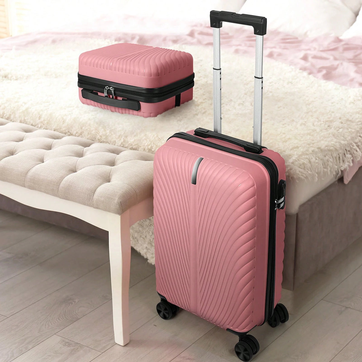 Shiny Rose Gold Luggage Set 2 Piece PP Material 14" 20" Inch Seashell Texture Hardcase Suitcase Fashion Aesthetic Travel Bag