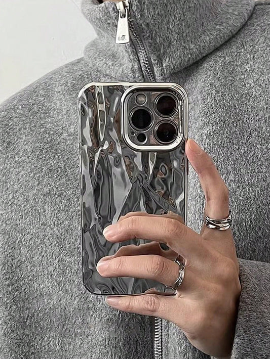 Shockproof Mirror Effect Novelty Cases Y2K Electroplated Silver Apple Creative 3D Vertical Stripe Pleated Texture Phone Case Vertical Stripe Texture Concave-Convex Texture Waterproof Anti-Fall Scratch