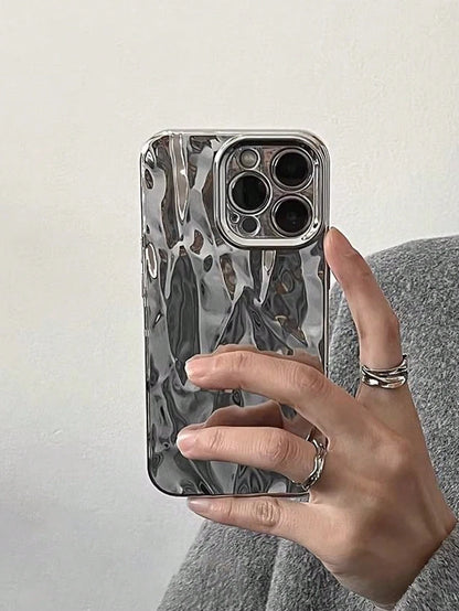 Shockproof Mirror Effect Novelty Cases Y2K Electroplated Silver Apple Creative 3D Vertical Stripe Pleated Texture Phone Case Vertical Stripe Texture Concave-Convex Texture Waterproof Anti-Fall Scratch