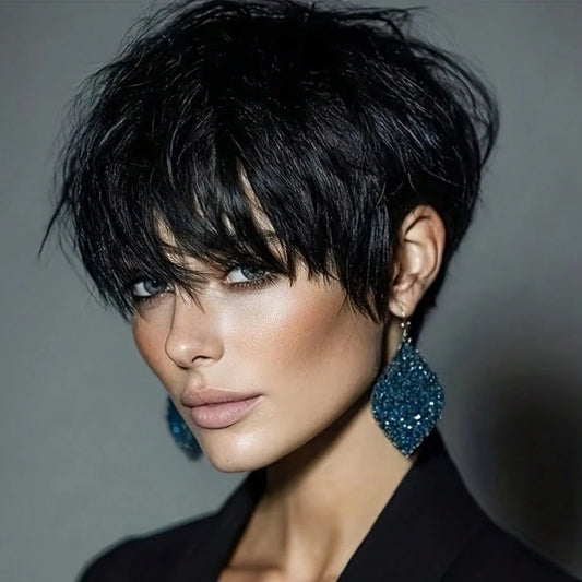 Short Straight Pixie Cut Human Hair Wig With Bangs For Women Layered Remy Brazilian Human Hair Wig Elastic Net Full Machine Made Human Hair Wig Natural Black Colored Wig Holiday Wear Party Wear Daily