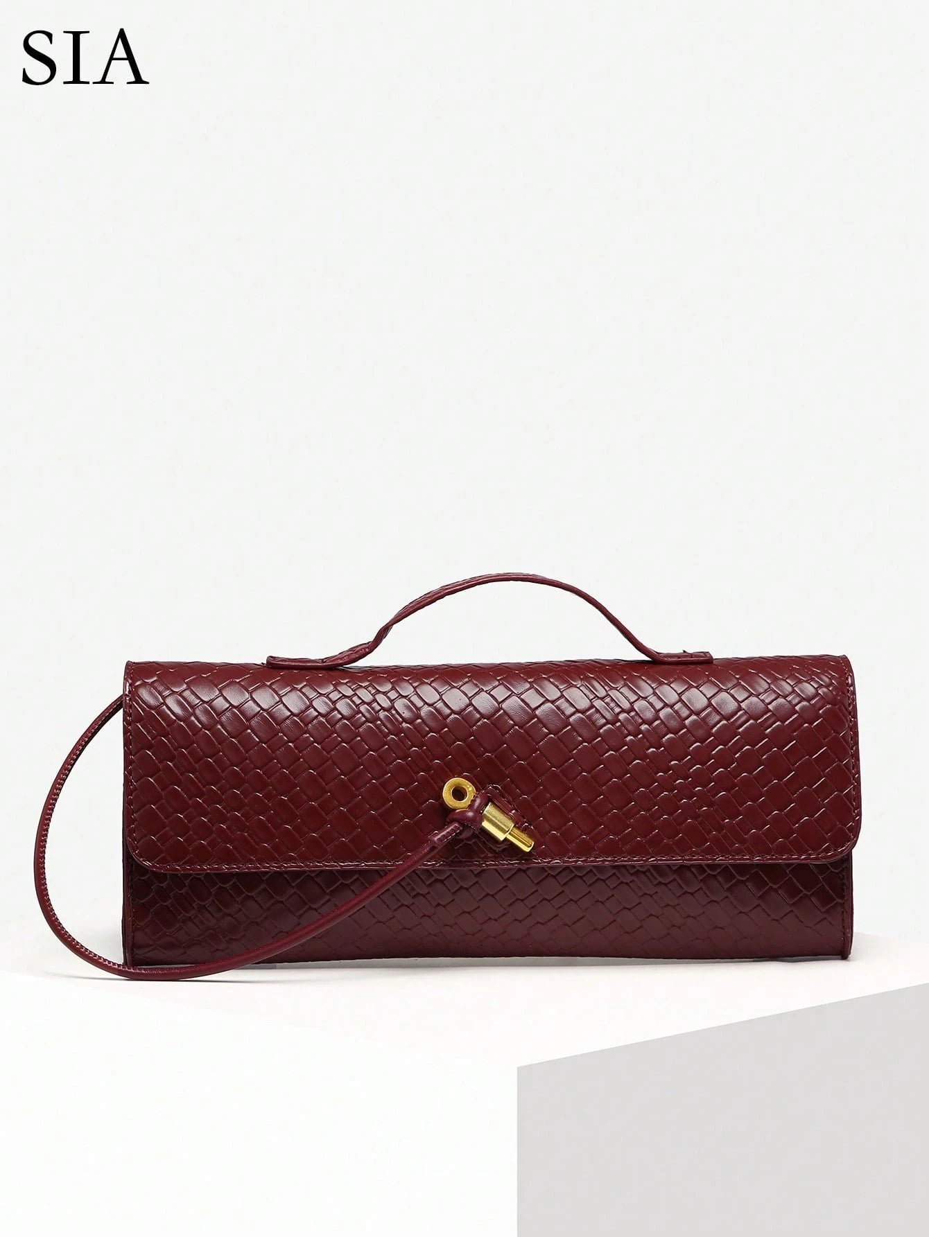 SIA Women Vintage Simple Imitation Woven Pattern Angola Red Vintage Lock Flap Large Capacity Clutch Handbag Shoulder Bag Suitable For Evening Party, Daily Matching, Perfectly Matching With Prom Dresse