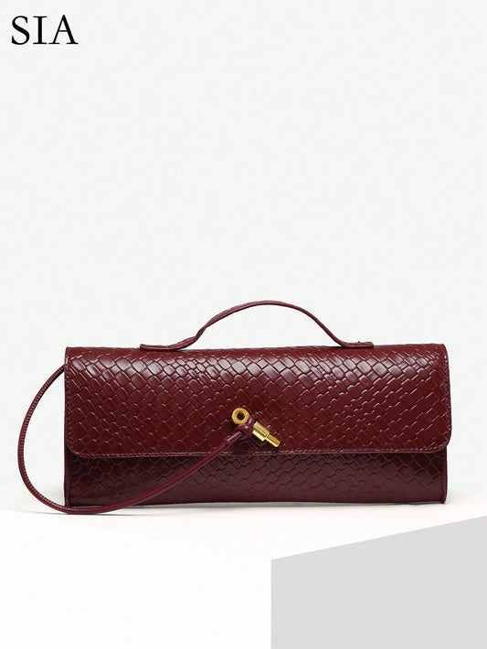SIA Women Vintage Simple Imitation Woven Pattern Angola Red Vintage Lock Flap Large Capacity Clutch Handbag Shoulder Bag Suitable For Evening Party, Daily Matching, Perfectly Matching With Prom Dresse