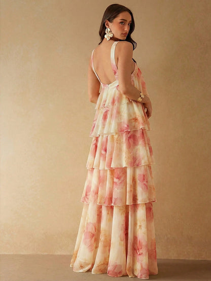 Silquee Women's Pink Floral Rose Cake-Style 3D Ruffle Maxi Dress,Elegant Summer Loose Casual Gown For Wedding Ninang,Beige Party Bridesmaid Evening Dresses