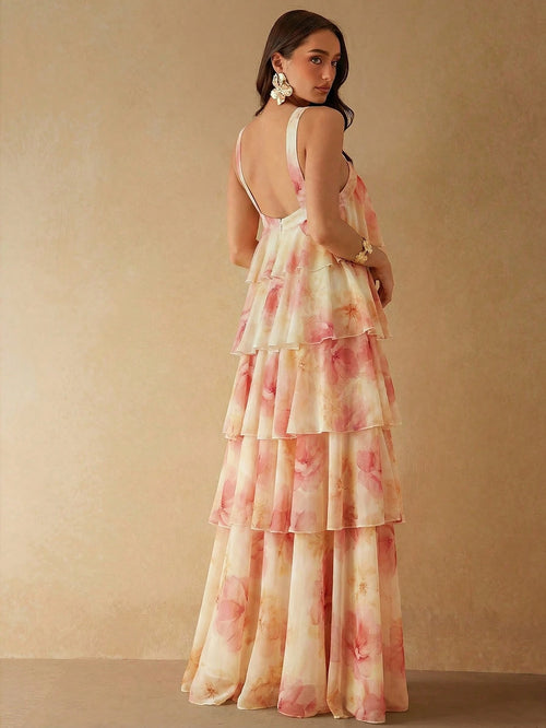 Silquee Women's Pink Floral Rose Cake-Style 3D Ruffle Maxi Dress,Elegant Summer Loose Casual Gown For Wedding Ninang,Beige Party Bridesmaid Evening Dresses