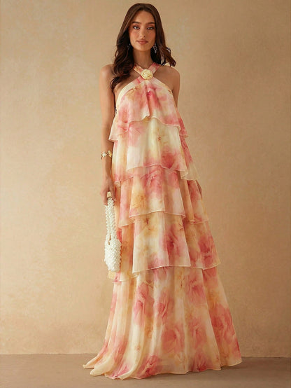 Silquee Women's Pink Floral Rose Cake-Style 3D Ruffle Maxi Dress,Elegant Summer Loose Casual Gown For Wedding Ninang,Beige Party Bridesmaid Evening Dresses