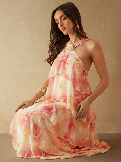 Silquee Women's Pink Floral Rose Cake-Style 3D Ruffle Maxi Dress,Elegant Summer Loose Casual Gown For Wedding Ninang,Beige Party Bridesmaid Evening Dresses