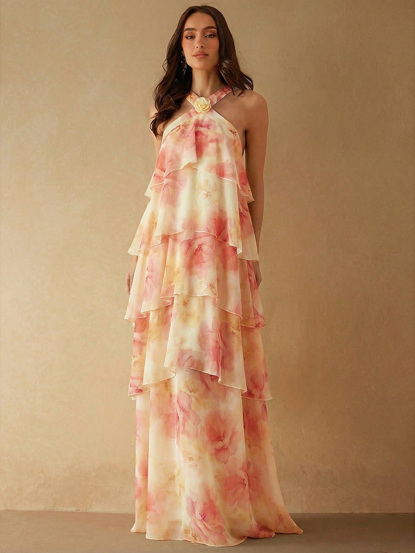 Silquee Women's Pink Floral Rose Cake-Style 3D Ruffle Maxi Dress,Elegant Summer Loose Casual Gown For Wedding Ninang,Beige Party Bridesmaid Evening Dresses