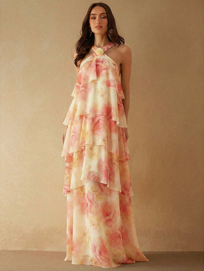 Silquee Women's Pink Floral Rose Cake-Style 3D Ruffle Maxi Dress,Elegant Summer Loose Casual Gown For Wedding Ninang,Beige Party Bridesmaid Evening Dresses