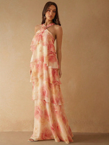 Silquee Women's Pink Floral Rose Cake-Style 3D Ruffle Maxi Dress,Elegant Summer Loose Casual Gown For Wedding Ninang,Beige Party Bridesmaid Evening Dresses