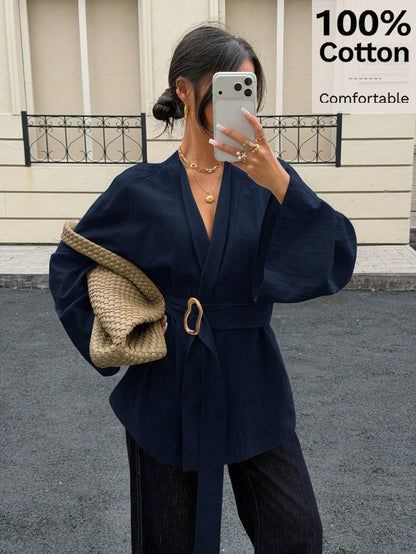 Siren Gaze 100% Cotton Navy Blue Cinched Waist Metal Buckle Belt Long Sleeve Shirt,Elegant Office Women's Autumn Top,Soft & Skin-Friendly Kimono Style Blouse