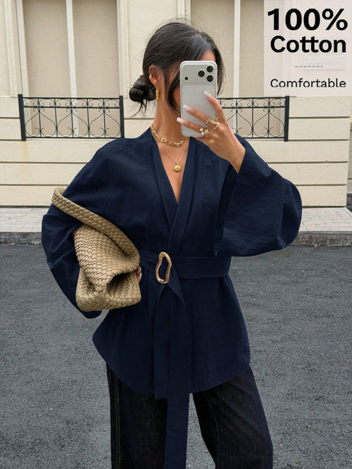 Siren Gaze 100% Cotton Navy Blue Cinched Waist Metal Buckle Belt Long Sleeve Shirt,Elegant Office Women's Autumn Top,Soft & Skin-Friendly Kimono Style Blouse