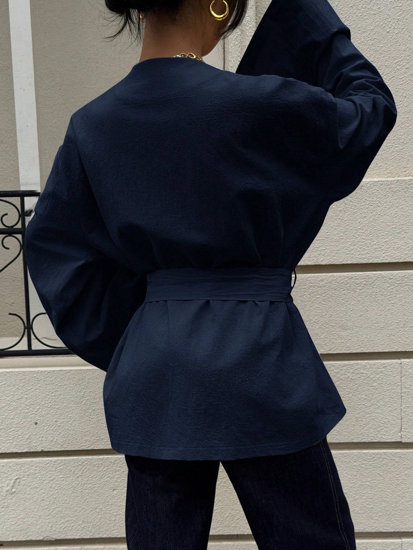 Siren Gaze 100% Cotton Navy Blue Cinched Waist Metal Buckle Belt Long Sleeve Shirt,Elegant Office Women's Autumn Top,Soft & Skin-Friendly Kimono Style Blouse