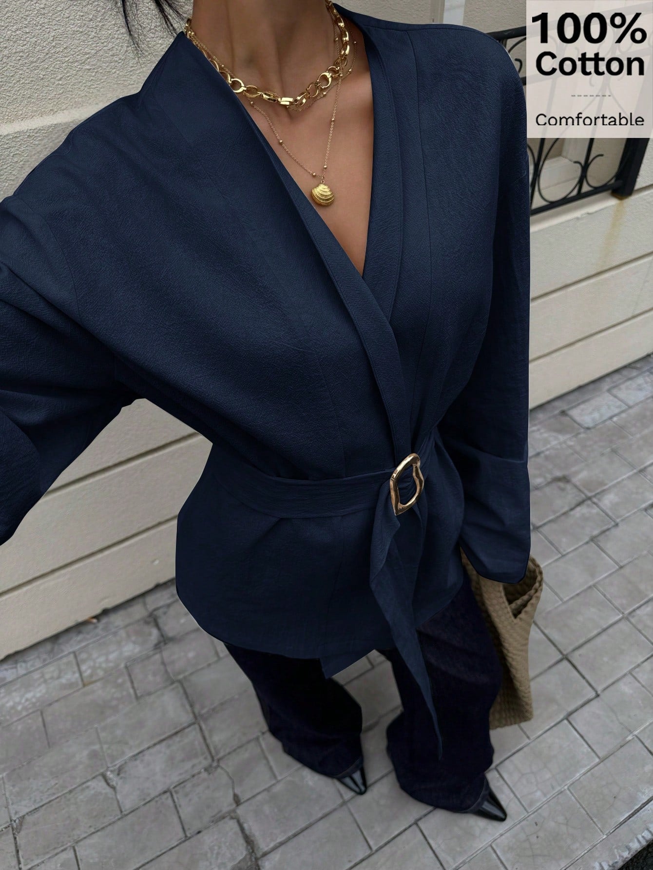 Siren Gaze 100% Cotton Navy Blue Cinched Waist Metal Buckle Belt Long Sleeve Shirt,Elegant Office Women's Autumn Top,Soft & Skin-Friendly Kimono Style Blouse