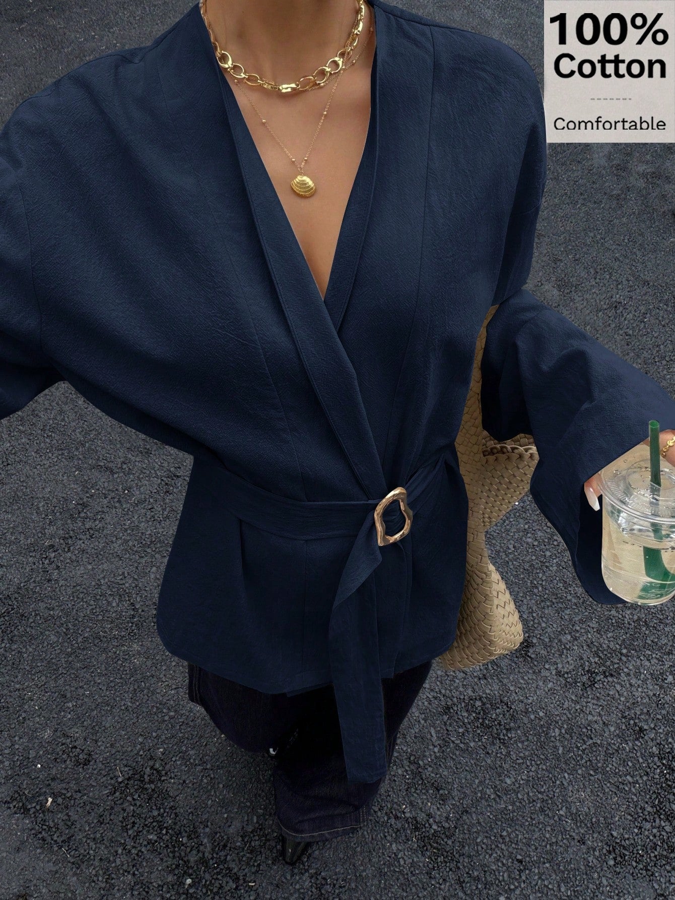 Siren Gaze 100% Cotton Navy Blue Cinched Waist Metal Buckle Belt Long Sleeve Shirt,Elegant Office Women's Autumn Top,Soft & Skin-Friendly Kimono Style Blouse