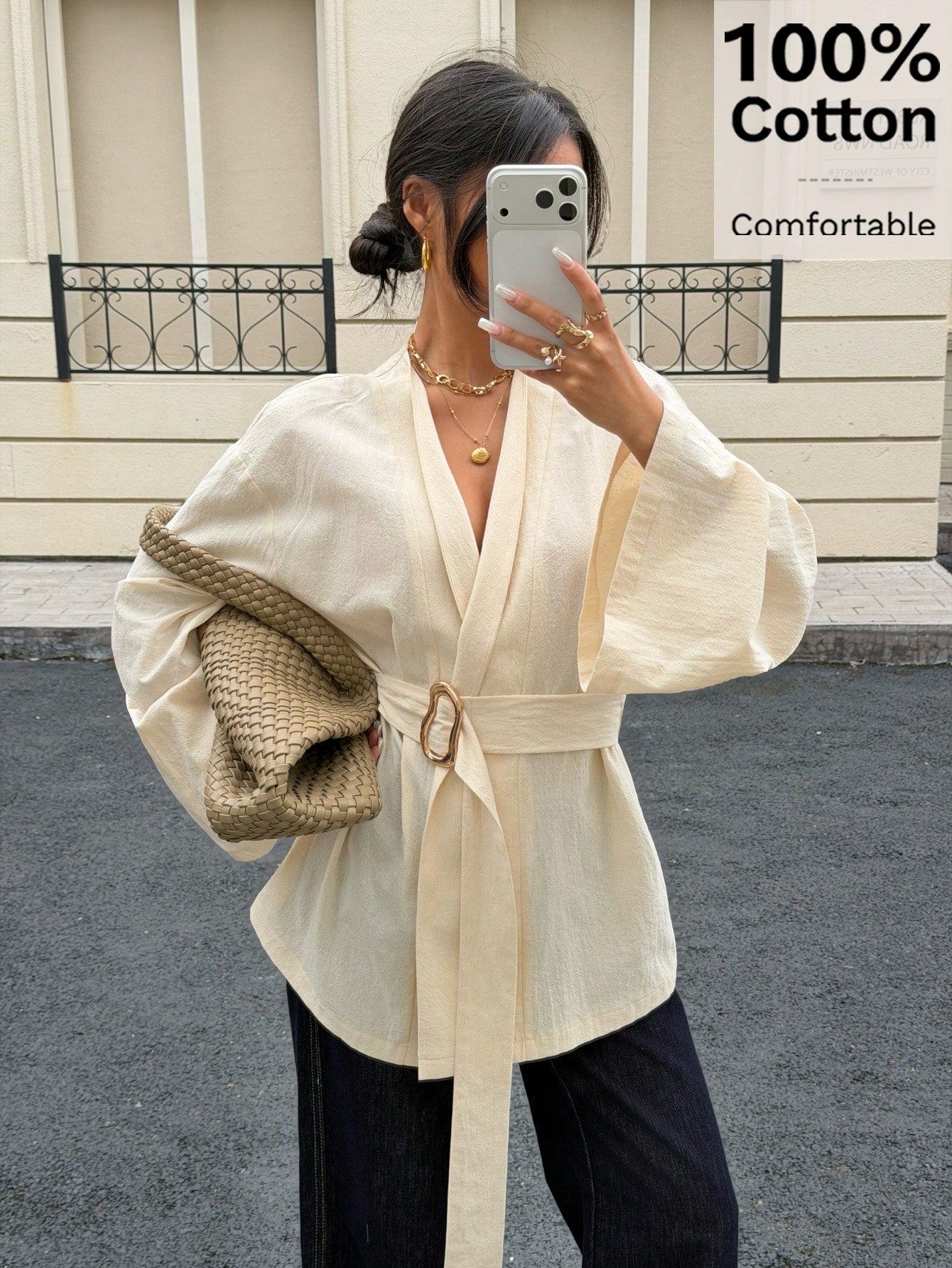 Siren Gaze 100% Cotton Navy Blue Cinched Waist Metal Buckle Belt Long Sleeve Shirt,Elegant Office Women's Autumn Top,Soft & Skin-Friendly Kimono Style Blouse