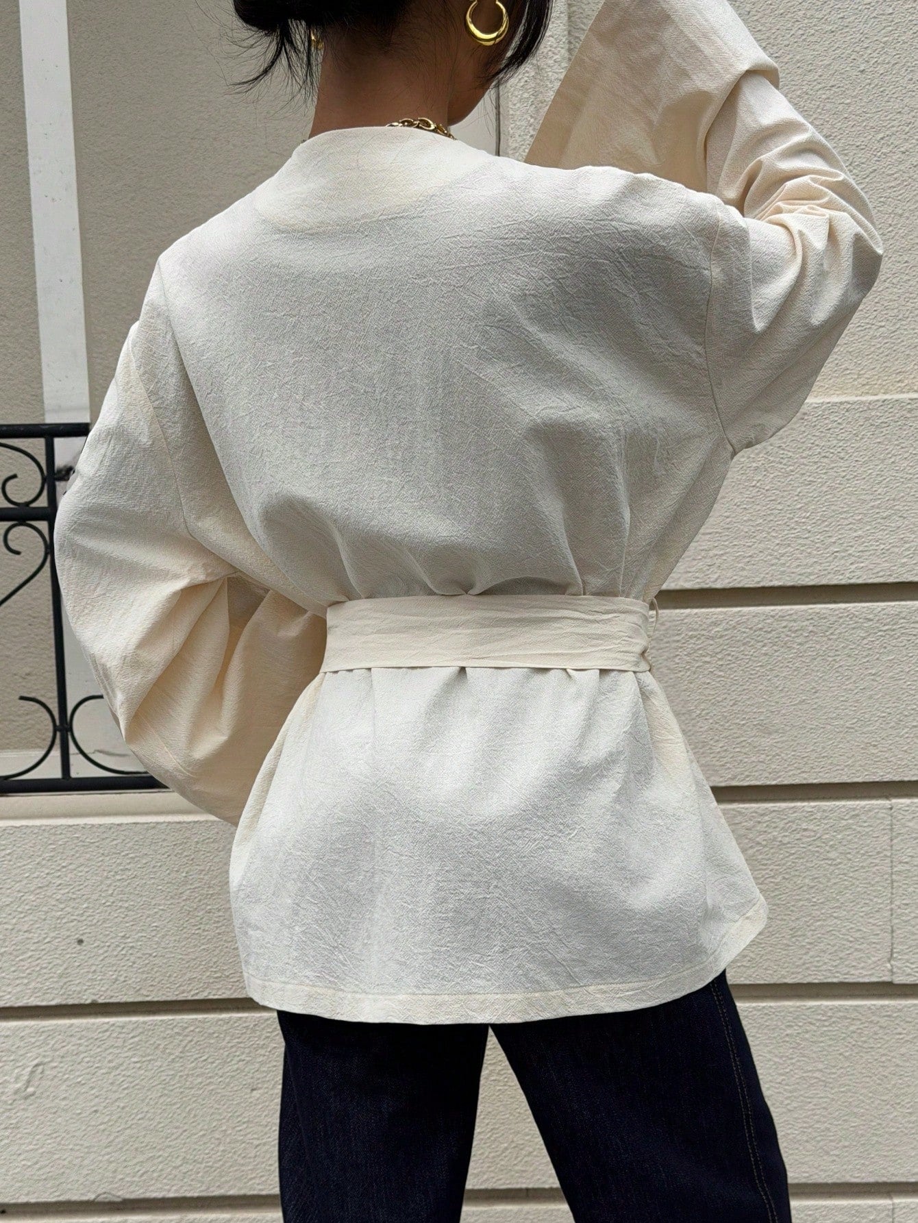 Siren Gaze 100% Cotton Navy Blue Cinched Waist Metal Buckle Belt Long Sleeve Shirt,Elegant Office Women's Autumn Top,Soft & Skin-Friendly Kimono Style Blouse