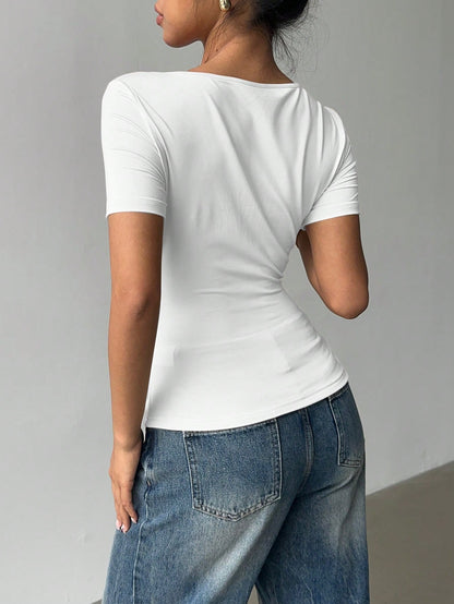 Siren Gaze Chic Oblique Collar Short Sleeve T-Shirt, New Stylish Design Slim Fit Casual Top For Women, Summer White
