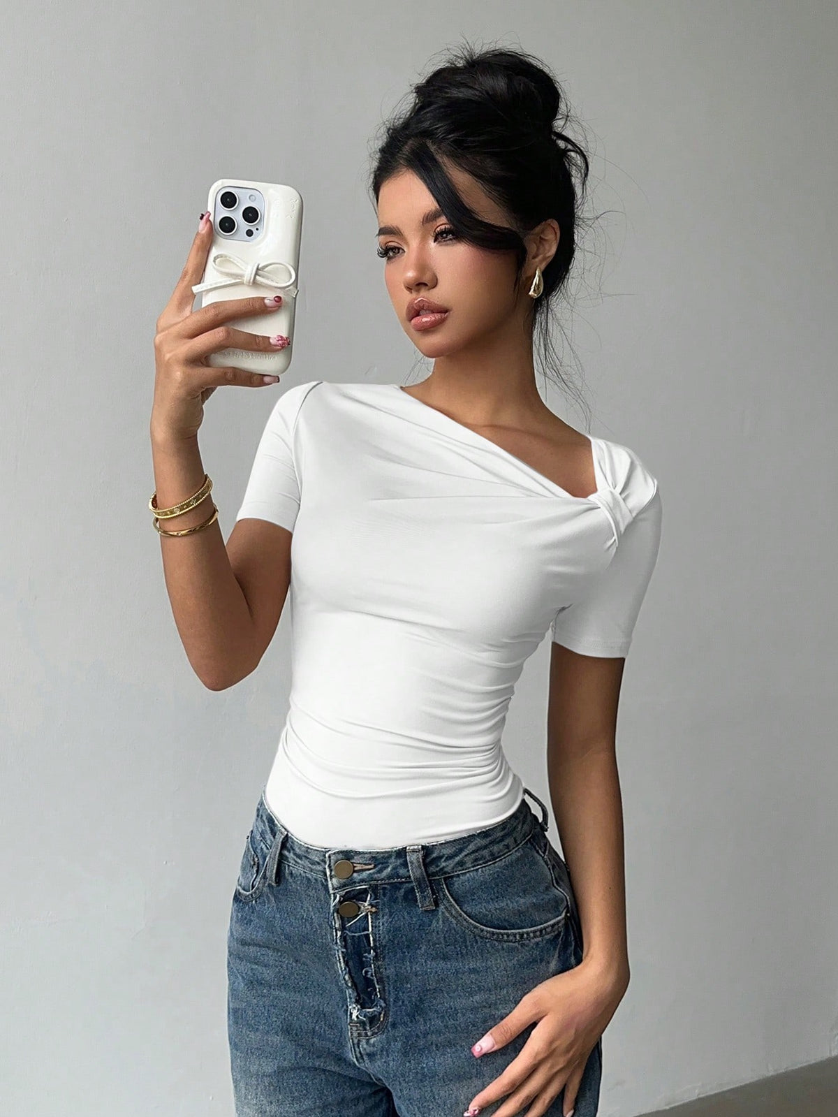 Siren Gaze Chic Oblique Collar Short Sleeve T-Shirt, New Stylish Design Slim Fit Casual Top For Women, Summer White