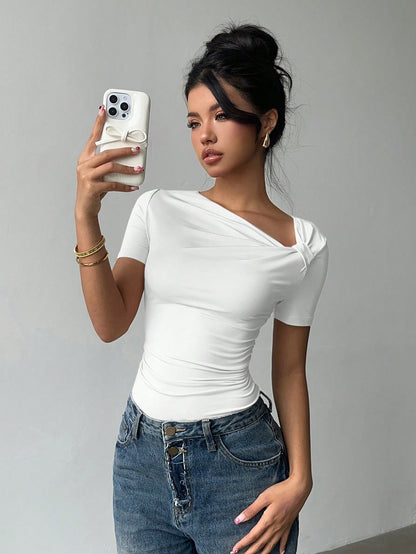 Siren Gaze Chic Oblique Collar Short Sleeve T-Shirt, New Stylish Design Slim Fit Casual Top For Women, Summer White