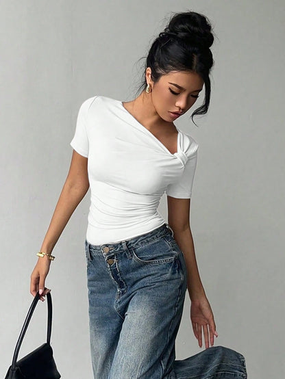Siren Gaze Chic Oblique Collar Short Sleeve T-Shirt, New Stylish Design Slim Fit Casual Top For Women, Summer White