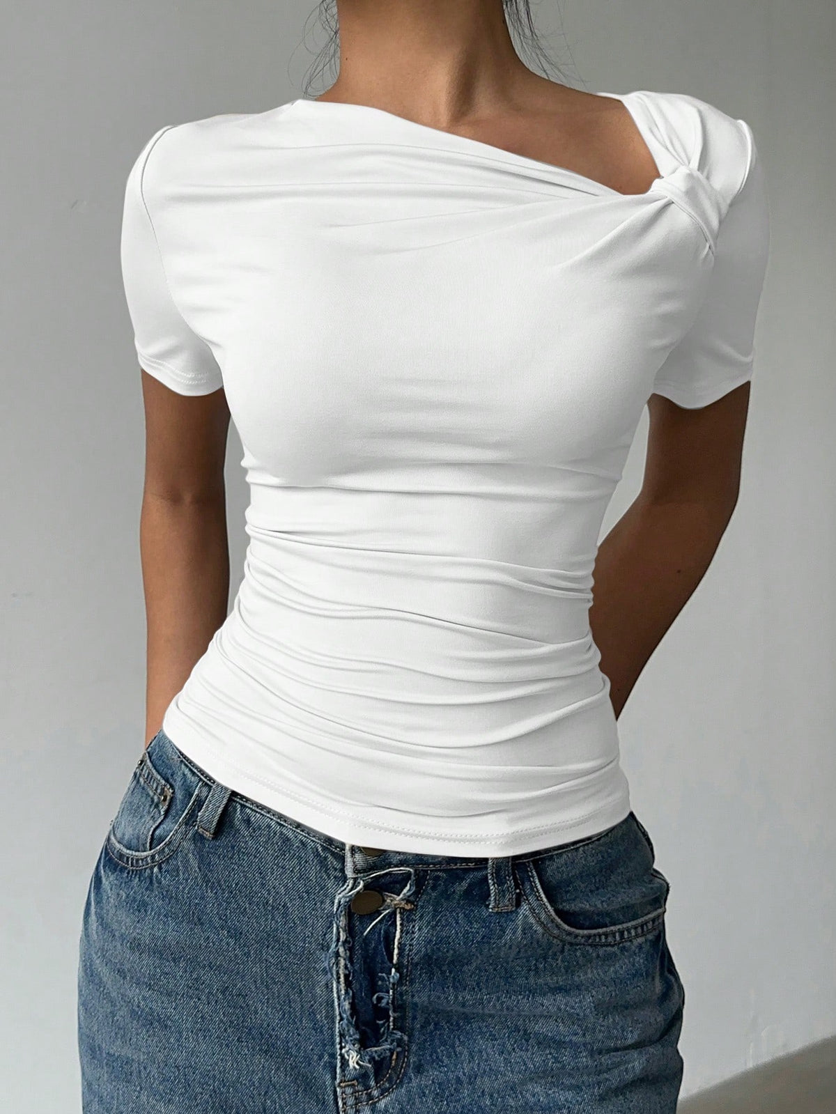 Siren Gaze Chic Oblique Collar Short Sleeve T-Shirt, New Stylish Design Slim Fit Casual Top For Women, Summer White