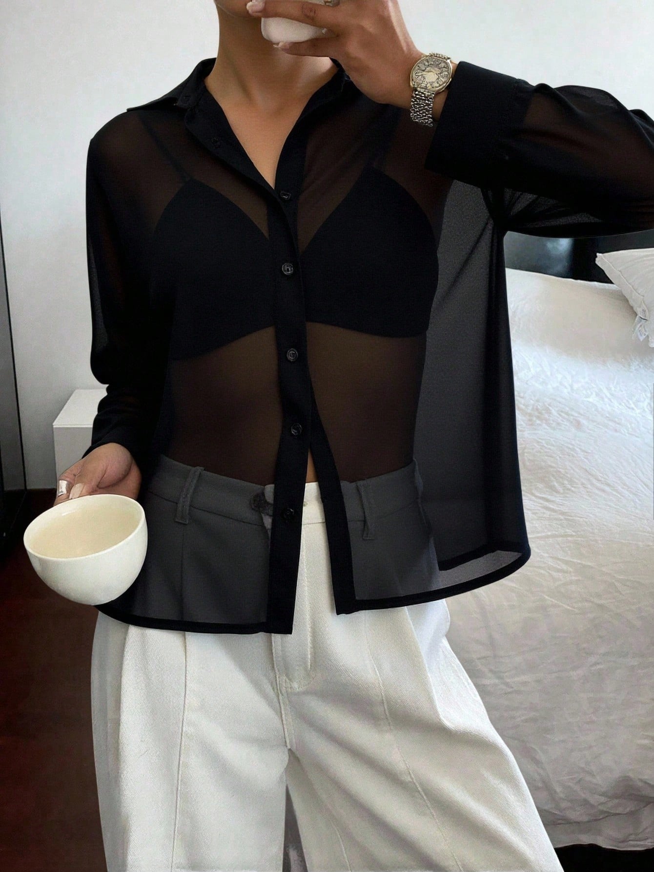 Siren Gaze Sheer Button Front Shirt Without Bra,Long Sleeve Tops Party Black Summer Black Elegant