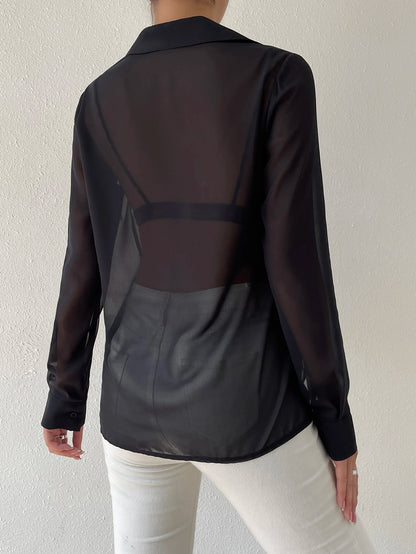 Siren Gaze Sheer Button Front Shirt Without Bra,Long Sleeve Tops Party Black Summer Black Elegant