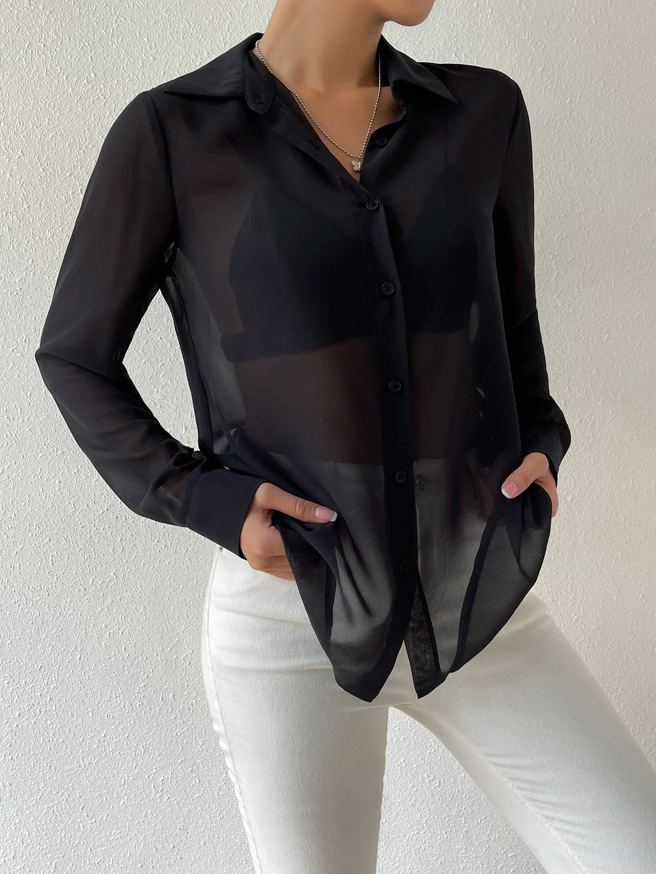 Siren Gaze Sheer Button Front Shirt Without Bra,Long Sleeve Tops Party Black Summer Black Elegant