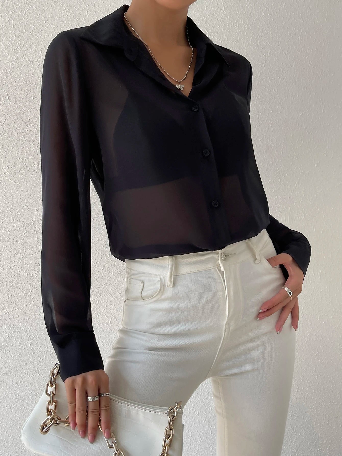 Siren Gaze Sheer Button Front Shirt Without Bra,Long Sleeve Tops Party Black Summer Black Elegant