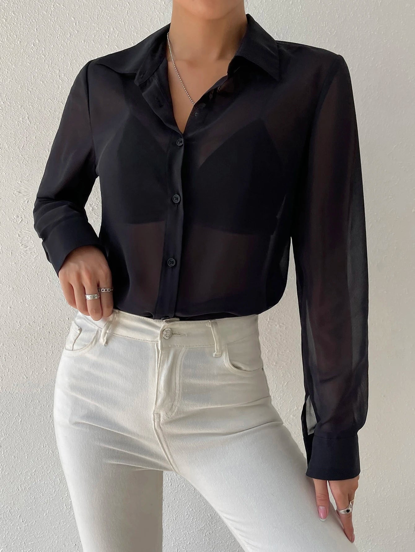 Siren Gaze Sheer Button Front Shirt Without Bra,Long Sleeve Tops Party Black Summer Black Elegant