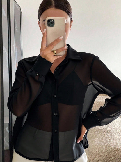 Siren Gaze Sheer Button Front Shirt Without Bra,Long Sleeve Tops Party Black Summer Black Elegant