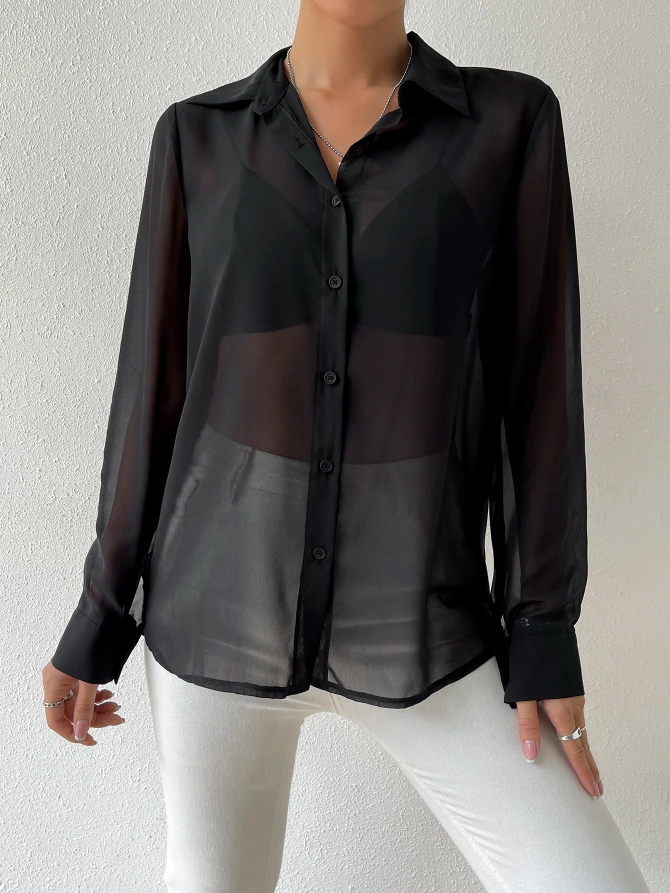 Siren Gaze Sheer Button Front Shirt Without Bra,Long Sleeve Tops Party Black Summer Black Elegant