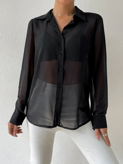 Siren Gaze Sheer Button Front Shirt Without Bra,Long Sleeve Tops Party Black Summer Black Elegant