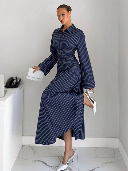 Siren Gaze Summer Women Striped Pleated Casual Party Travel Long Dress Elegant Navy Blue White Striped Bodycon Waist Vacation Dinner Party Formal Work Office