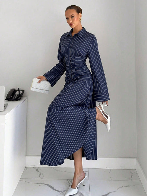 Siren Gaze Summer Women Striped Pleated Casual Party Travel Long Dress Elegant Navy Blue White Striped Bodycon Waist Vacation Dinner Party Formal Work Office