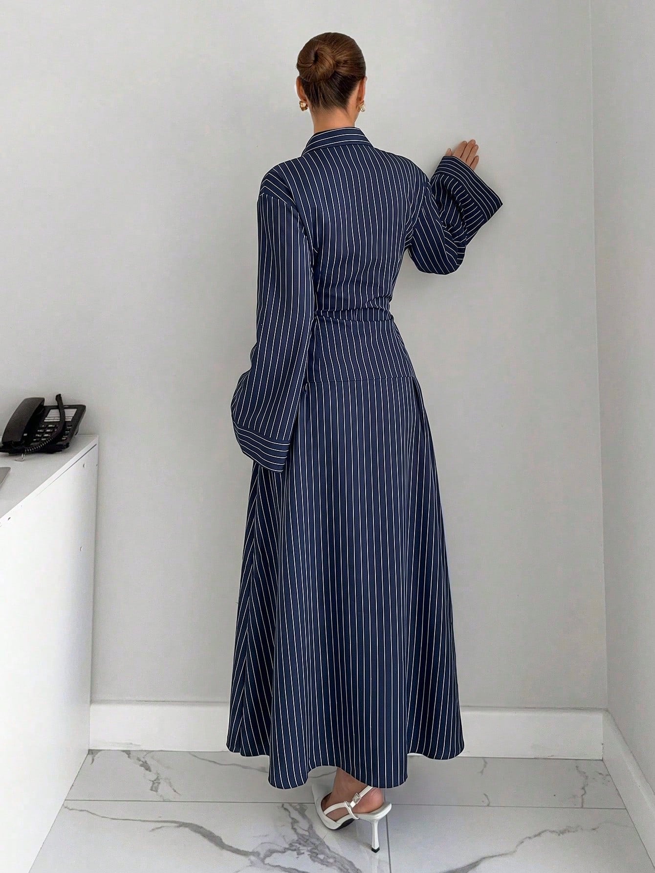 Siren Gaze Summer Women Striped Pleated Casual Party Travel Long Dress Elegant Navy Blue White Striped Bodycon Waist Vacation Dinner Party Formal Work Office
