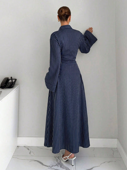 Siren Gaze Summer Women Striped Pleated Casual Party Travel Long Dress Elegant Navy Blue White Striped Bodycon Waist Vacation Dinner Party Formal Work Office