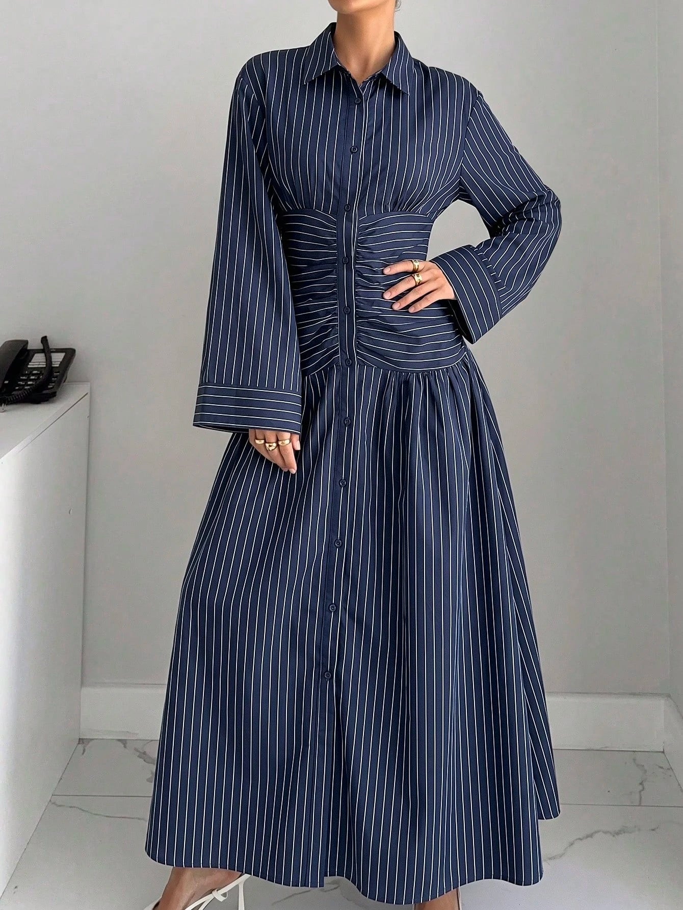 Siren Gaze Summer Women Striped Pleated Casual Party Travel Long Dress Elegant Navy Blue White Striped Bodycon Waist Vacation Dinner Party Formal Work Office