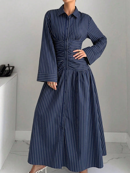 Siren Gaze Summer Women Striped Pleated Casual Party Travel Long Dress Elegant Navy Blue White Striped Bodycon Waist Vacation Dinner Party Formal Work Office