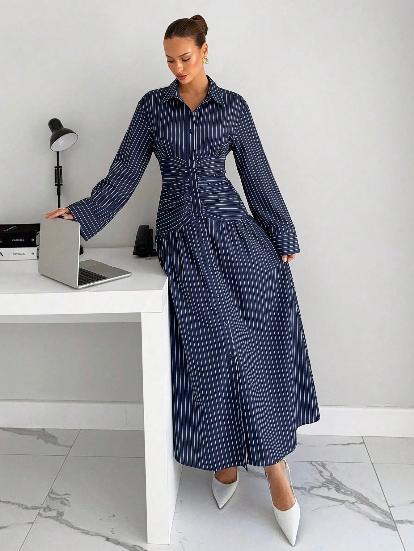 Siren Gaze Summer Women Striped Pleated Casual Party Travel Long Dress Elegant Navy Blue White Striped Bodycon Waist Vacation Dinner Party Formal Work Office