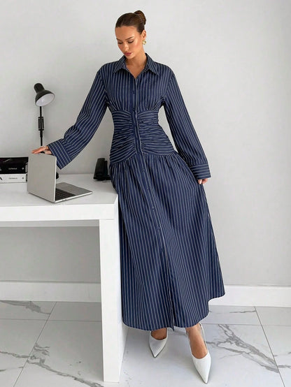 Siren Gaze Summer Women Striped Pleated Casual Party Travel Long Dress Elegant Navy Blue White Striped Bodycon Waist Vacation Dinner Party Formal Work Office