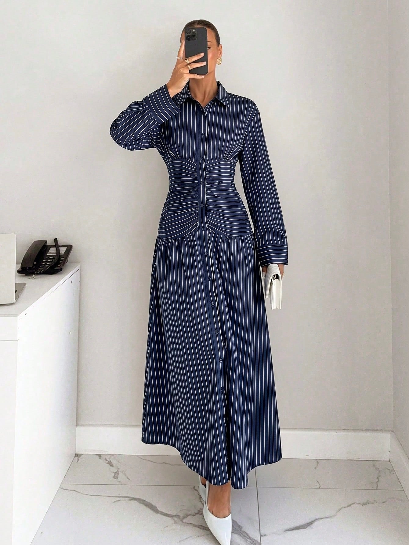 Siren Gaze Summer Women Striped Pleated Casual Party Travel Long Dress Elegant Navy Blue White Striped Bodycon Waist Vacation Dinner Party Formal Work Office