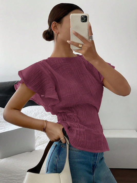 Siren Gaze Women Plain Crew Neck Ruffle Sleeve Cinched Waist Blouse Christmas Red Summer New Year Burgundy Casual Valentine's Day Elegant
