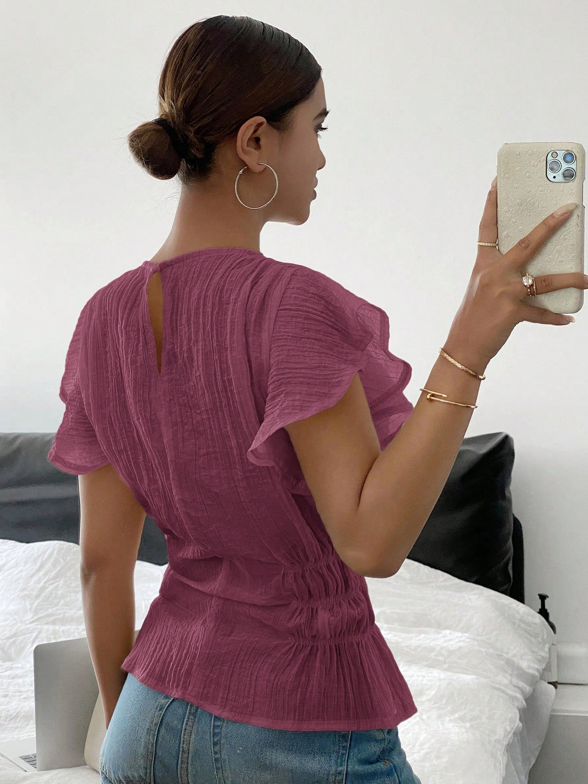 Siren Gaze Women Plain Crew Neck Ruffle Sleeve Cinched Waist Blouse Christmas Red Summer New Year Burgundy Casual Valentine's Day Elegant