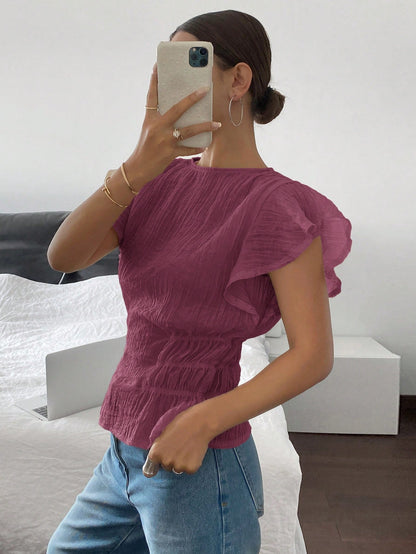 Siren Gaze Women Plain Crew Neck Ruffle Sleeve Cinched Waist Blouse Christmas Red Summer New Year Burgundy Casual Valentine's Day Elegant