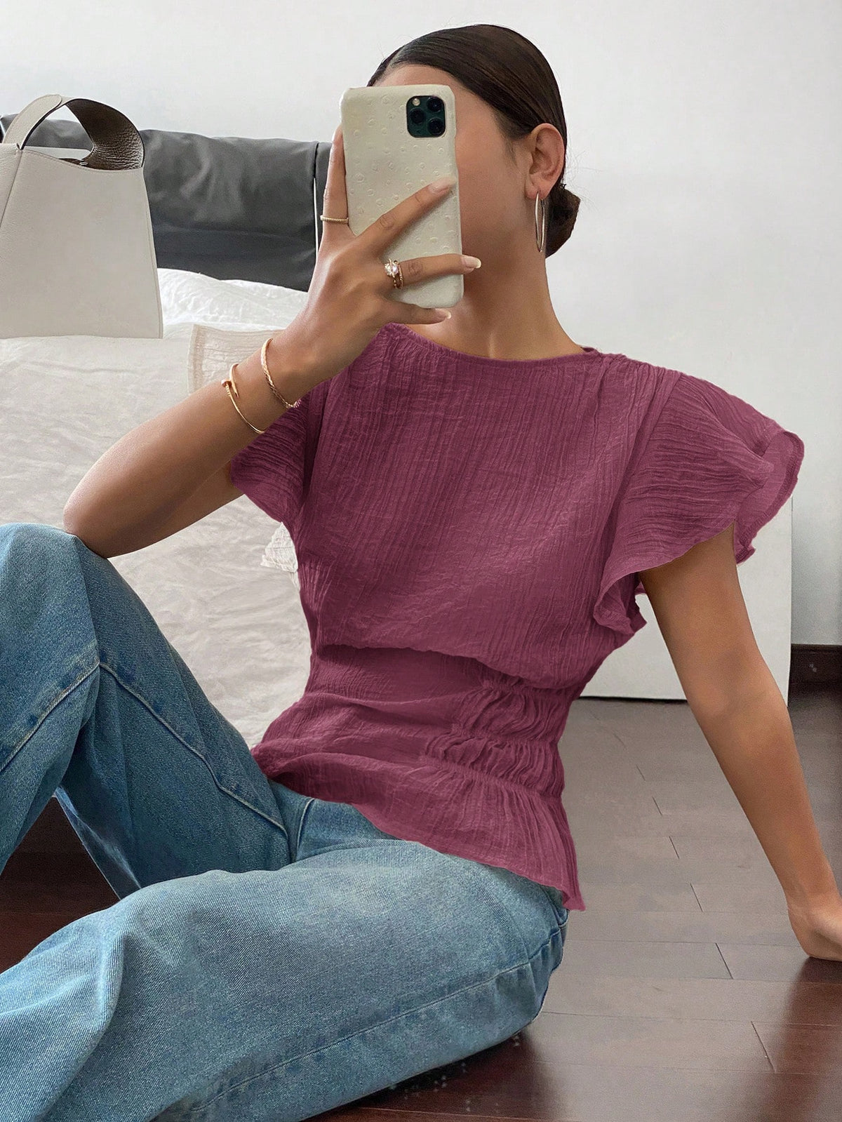 Siren Gaze Women Plain Crew Neck Ruffle Sleeve Cinched Waist Blouse Christmas Red Summer New Year Burgundy Casual Valentine's Day Elegant
