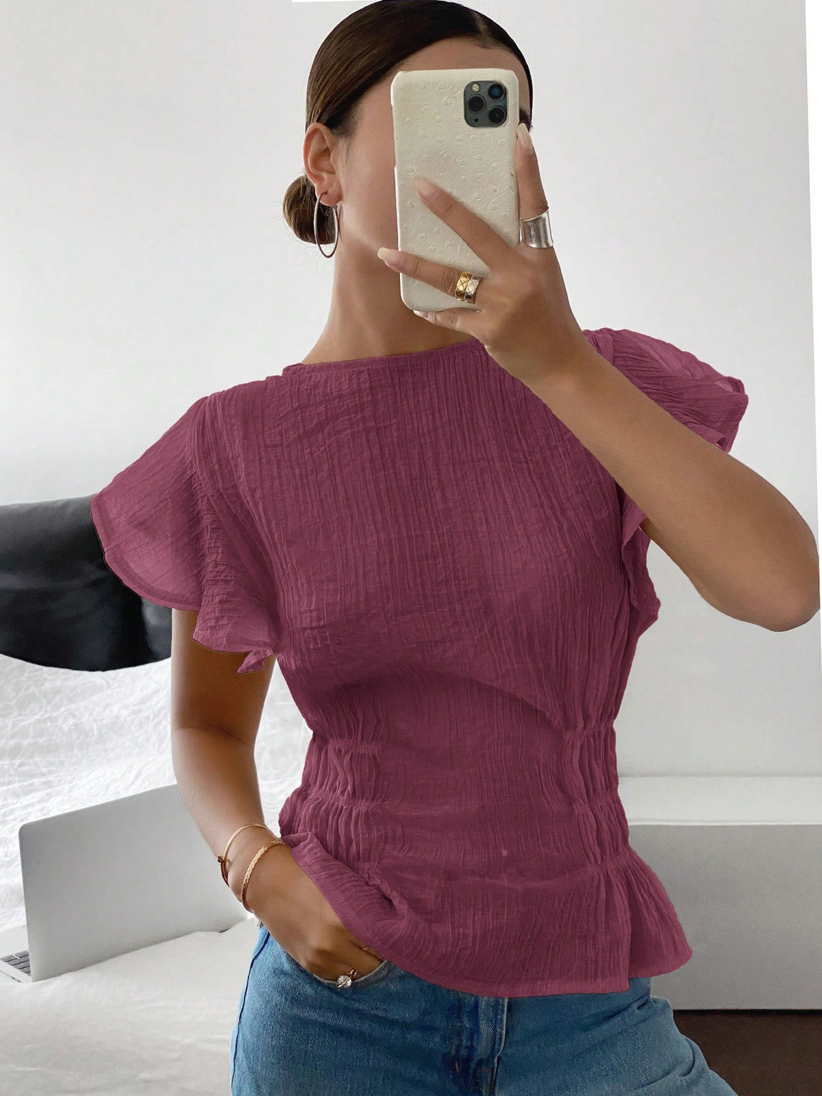 Siren Gaze Women Plain Crew Neck Ruffle Sleeve Cinched Waist Blouse Christmas Red Summer New Year Burgundy Casual Valentine's Day Elegant