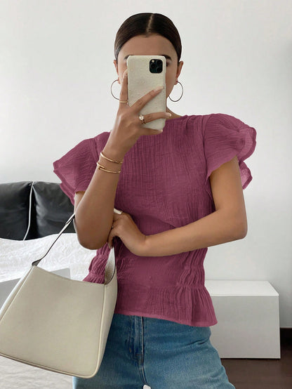 Siren Gaze Women Plain Crew Neck Ruffle Sleeve Cinched Waist Blouse Christmas Red Summer New Year Burgundy Casual Valentine's Day Elegant